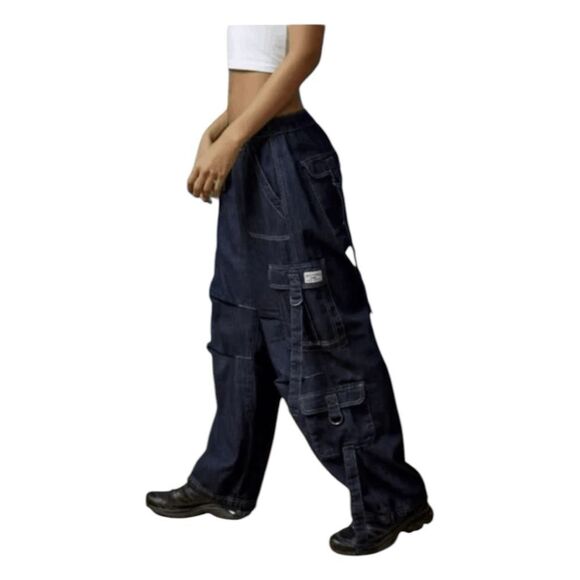 BDG Strappy Balloon Cargo Jeans Blue Dark Wash Denim Mid-Rise Metal Buckle 26 - Picture 3 of 10